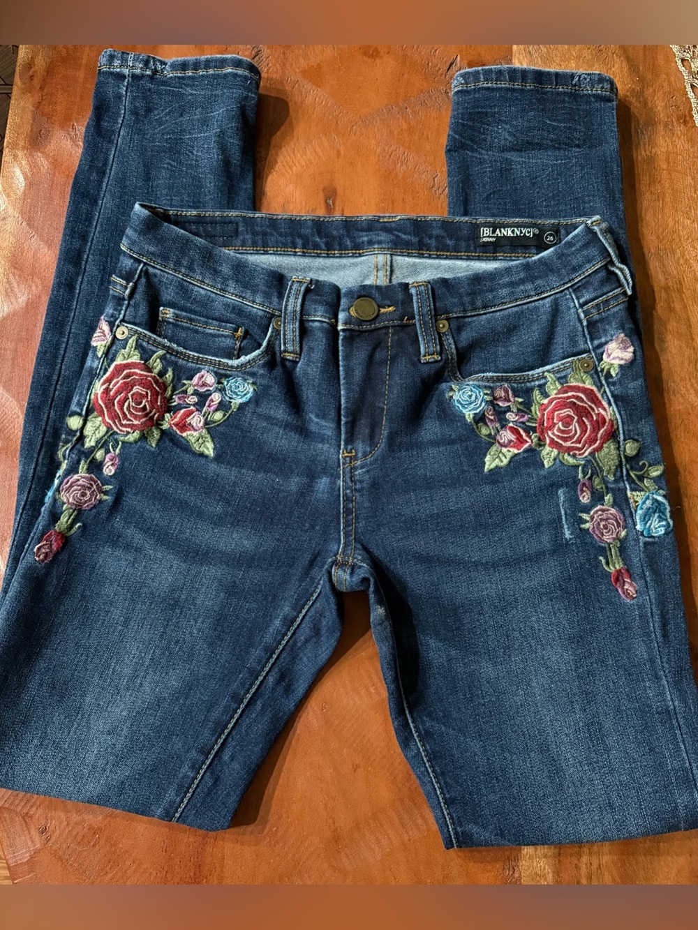 Blank NYC Distressed/Ripped Skinny Jeans with Red Rose & Multicolor Embroidery